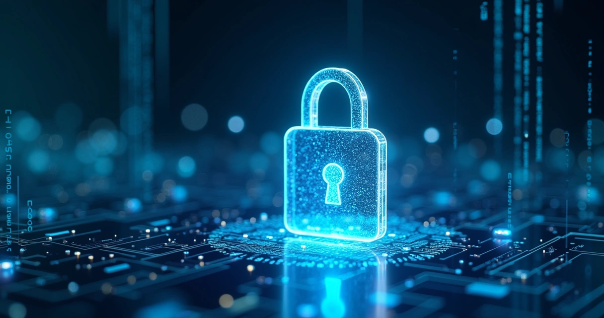 Assistente digital com cadeado digital e elementos de segurança cibernética ao fundo