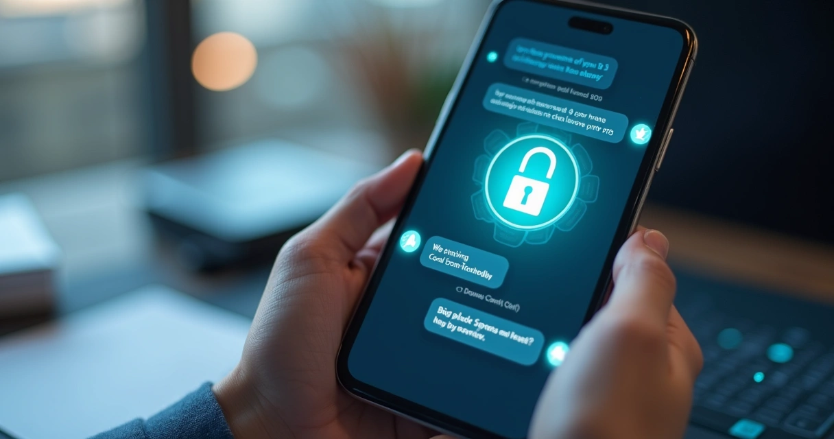 Tela de smartphone com símbolo de segurança e mensagens criptografadas 