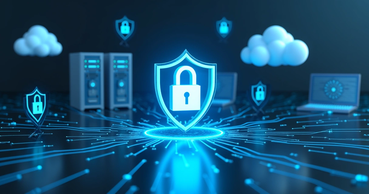 Painel de dados digitais protegidos por escudo azul 