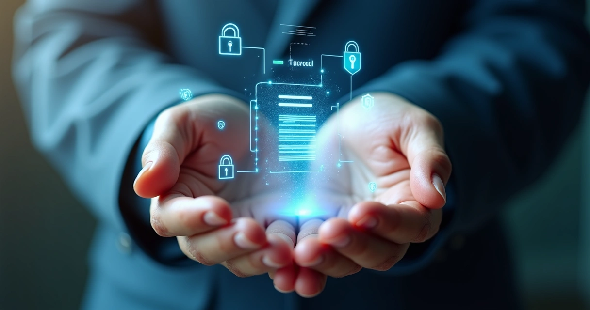 Mãos protegendo ícones de extrato e cadeado digital, representando segurança de dados bancários. 