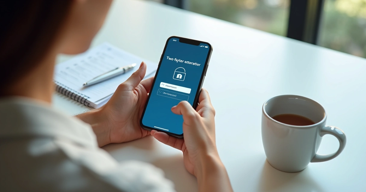Pessoa acessando aplicativo bancário no smartphone, ambiente moderno