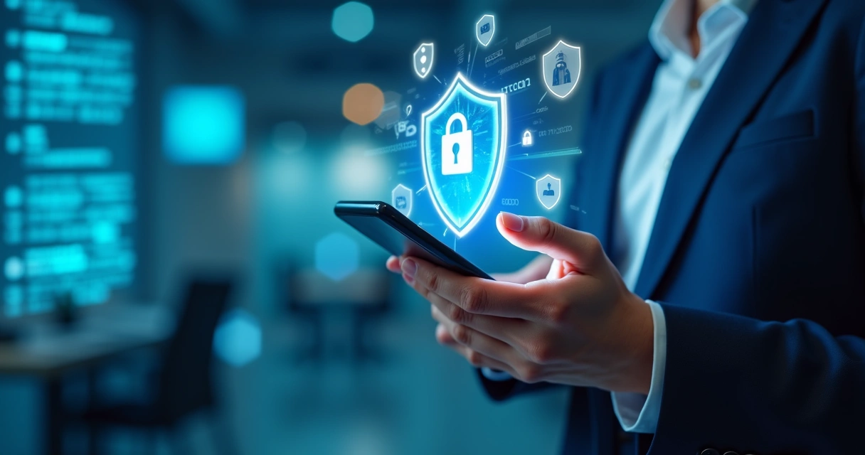 Pessoa usando smartphone em ambiente claro com ícones de cadeado e proteção digital flutuando 