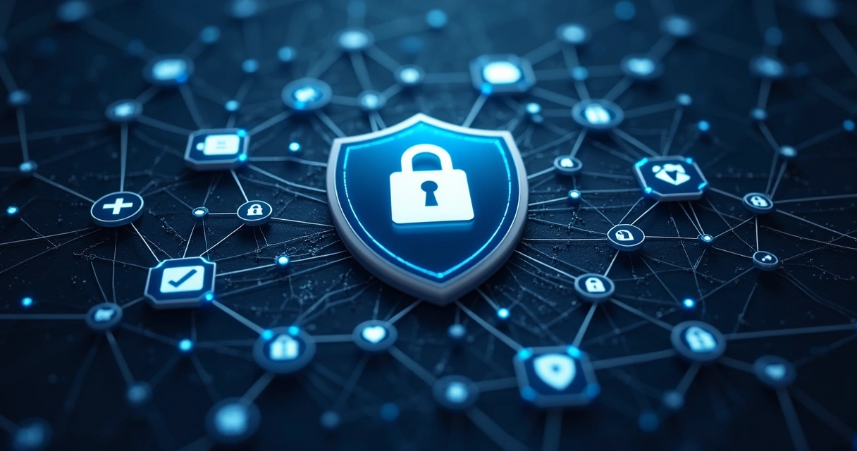 Abstrato de escudo de proteção com ícones de celulares e dados 