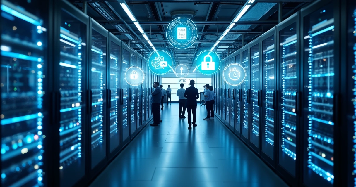 Centro de processamento de dados moderno com profissionais gerenciando servidores 