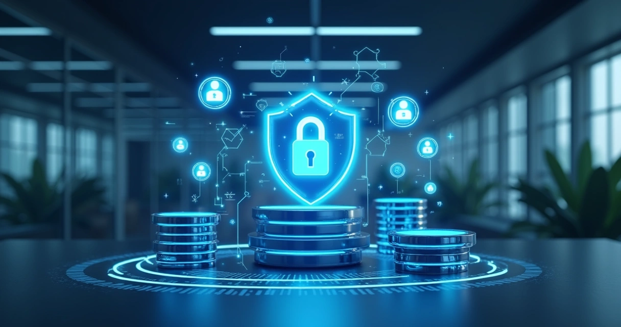 Ilustração de chatbot protegendo dados confidenciais em ambiente corporativo