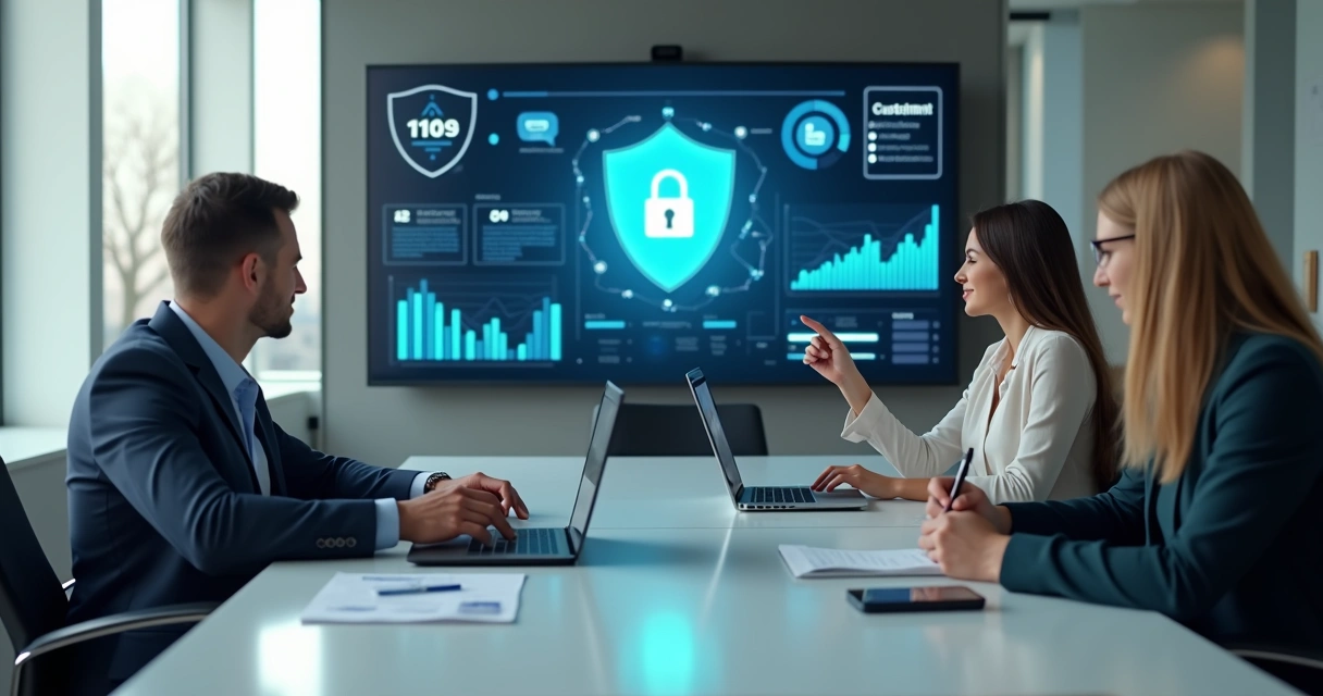 Equipe de pequena empresa analisando dados protegidos em painel digital com ícones de segurança 