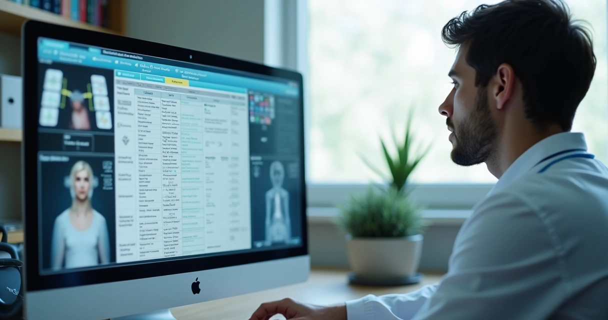 Tela de computador com prontuário eletrônico em ambiente de clínica, médico atento ao monitor 