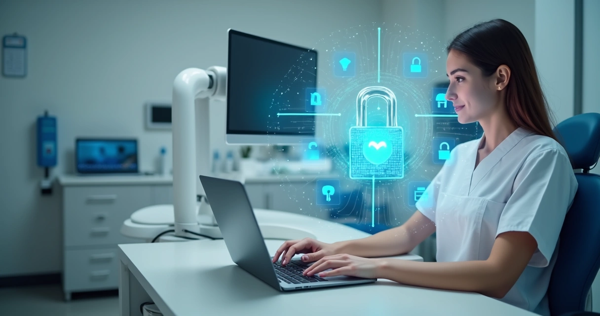 Profissional digitando em notebook em clínica com símbolos digitais de cadeado 