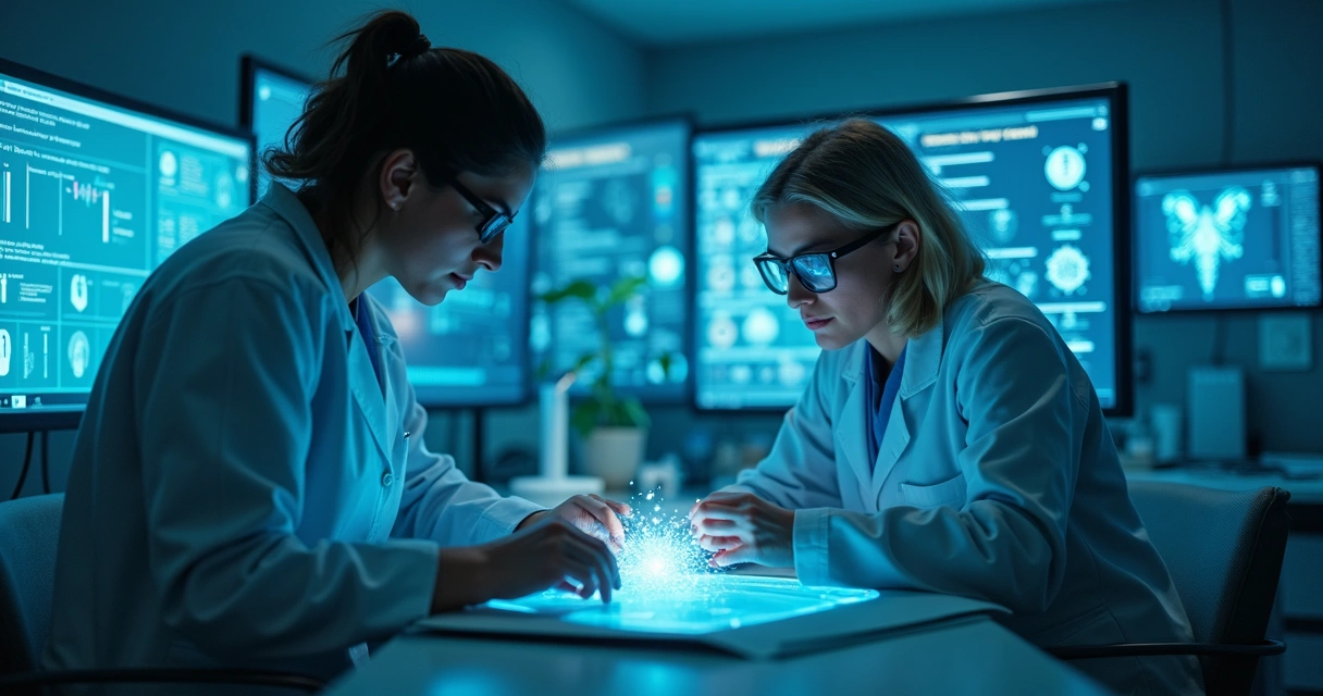 Profissionais de saúde analisando prontuários médicos digitalmente em ambiente seguro 