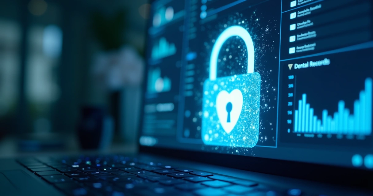 Ícone de cadeado protegendo dados digitais odontológicos na tela 