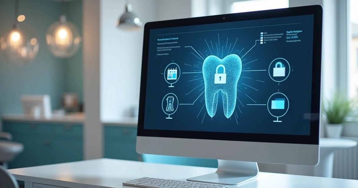 Computador em clínica odontológica com tela mostrando proteção de dados digitais
