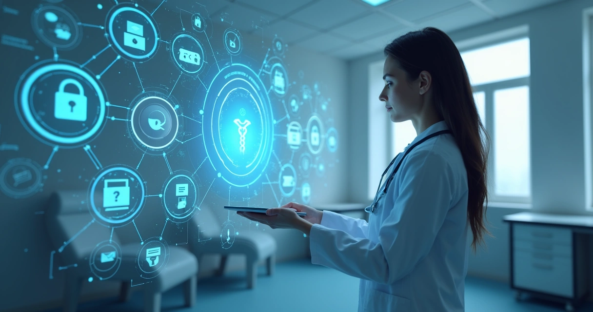 Médico protegendo dados digitais em uma clínica 