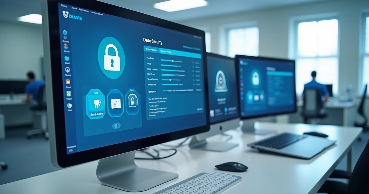 Computador de clínica odontológica mostrando tela de segurança de dados e backups 