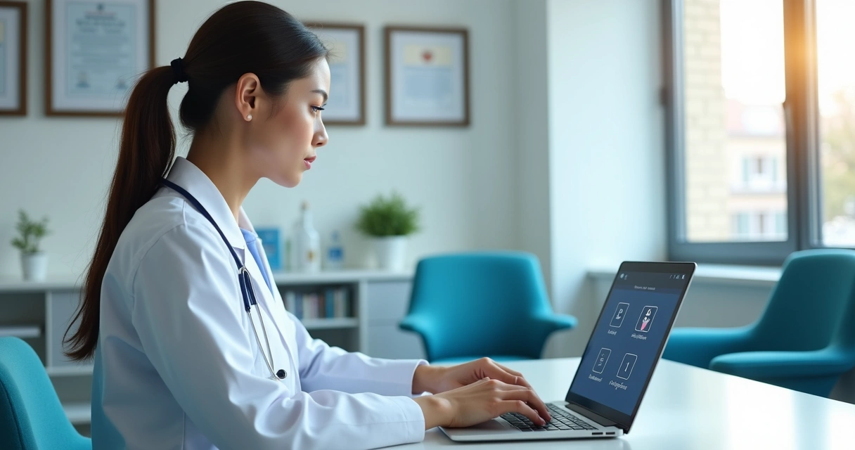 Profissional de saúde ajustando configurações de segurança em notebook 
