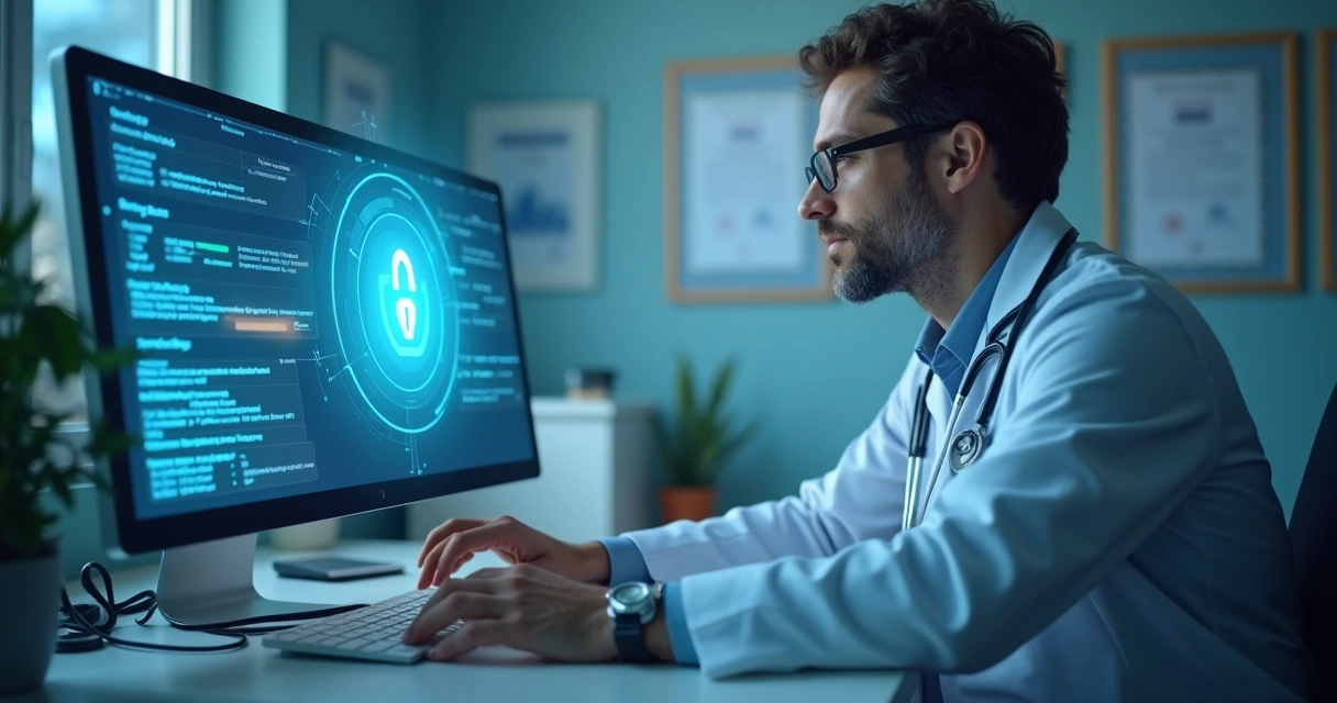 Médico usando computador com tela mostrando cadeado digital
