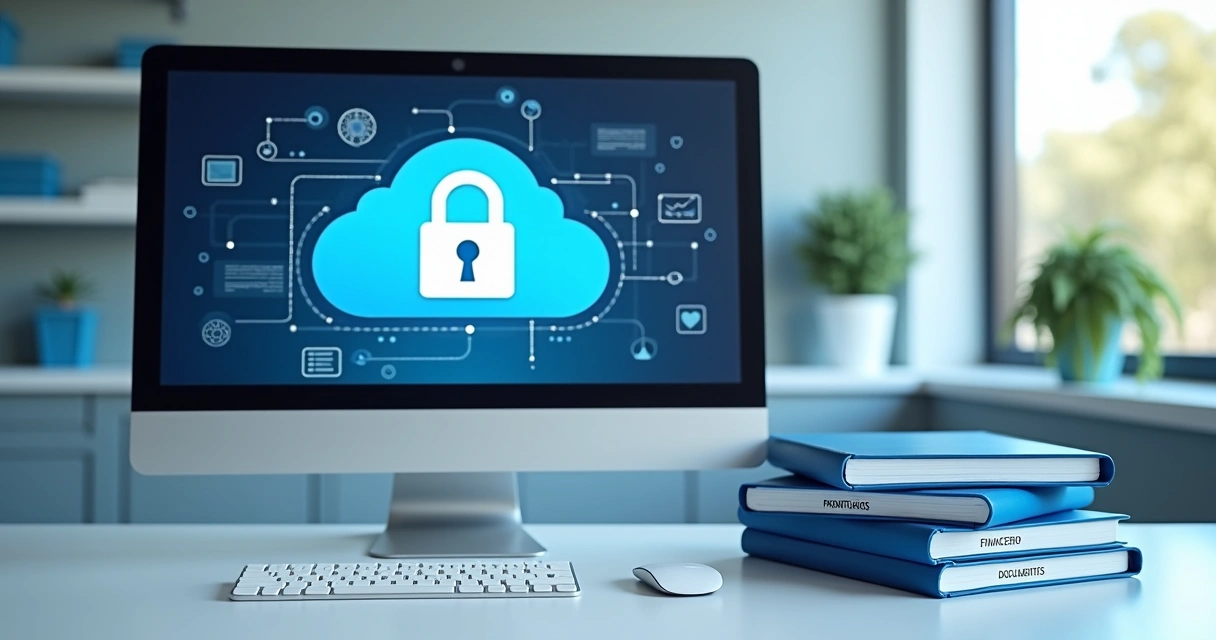 Computador de clínica médica exibindo símbolo de segurança digital 