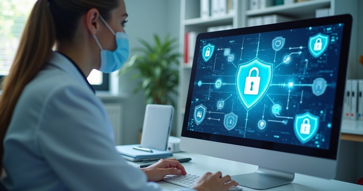 Profissional odontológico protegendo dados em computador 