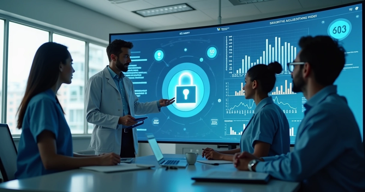 Equipe de clínica odontológica analisa gráficos de dados em tela, simbolizando segurança na migração de dados 