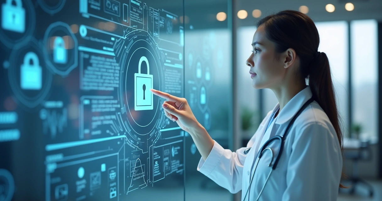 Profissional de saúde analisando prontuário digital em ambiente seguro 