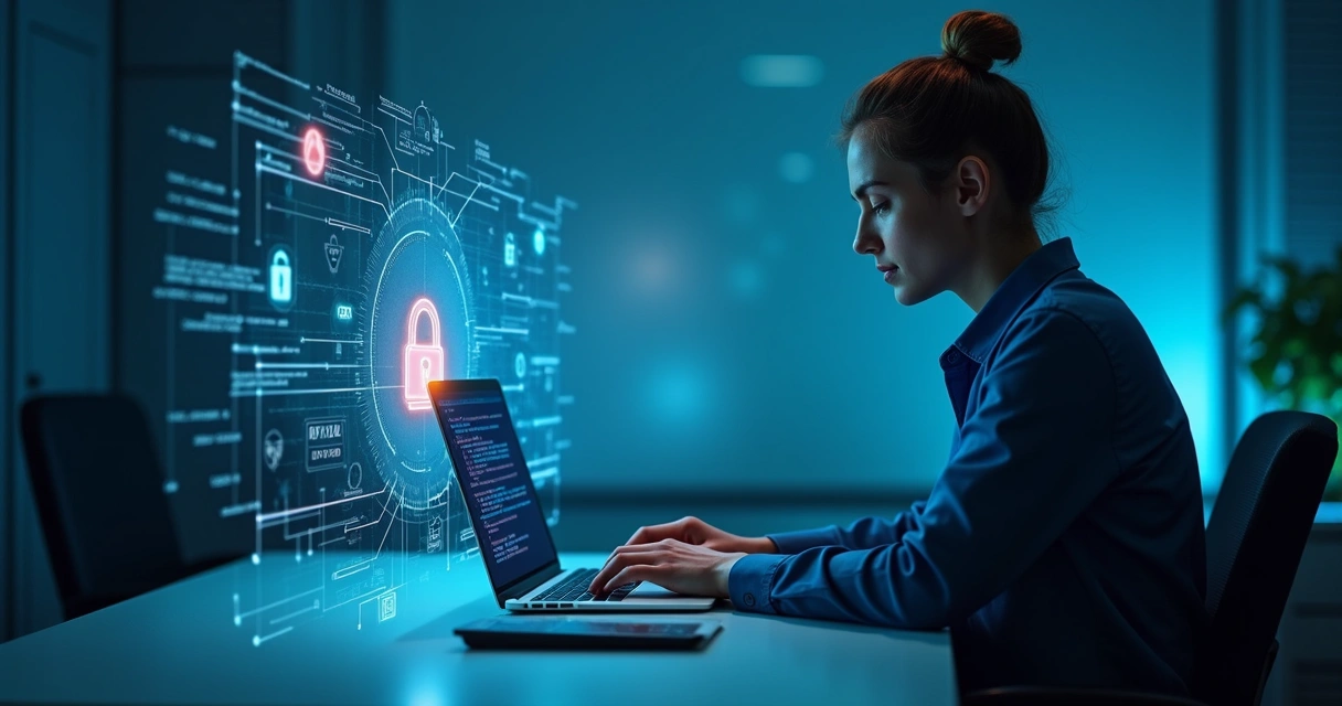 Profissional trabalhando em notebook com cadeado digital e gráficos de proteção de dados ao redor 