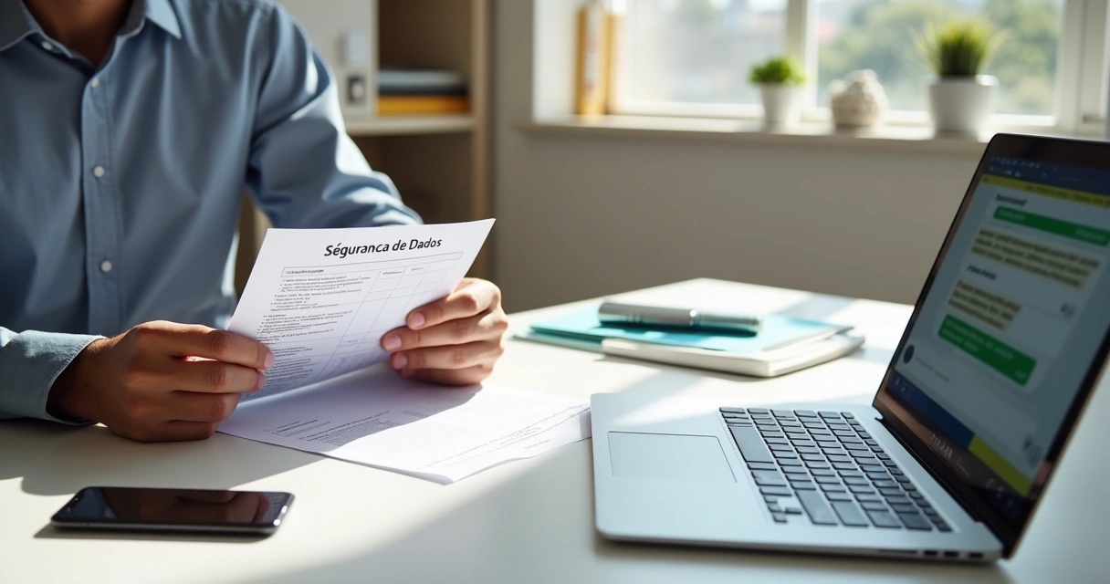 Administrador de condomínio analisando checklist de segurança em ambiente de trabalho 