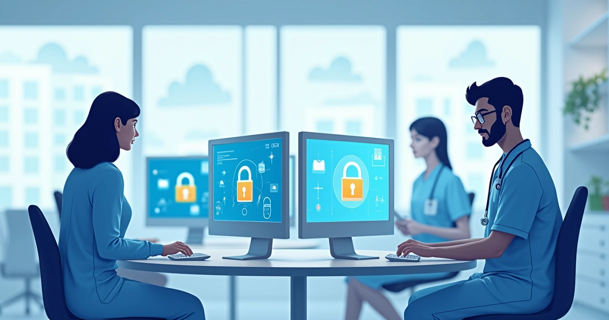 Ilustração de profissionais da saúde em um consultório, olhando para computadores com cadeados digitais em tela