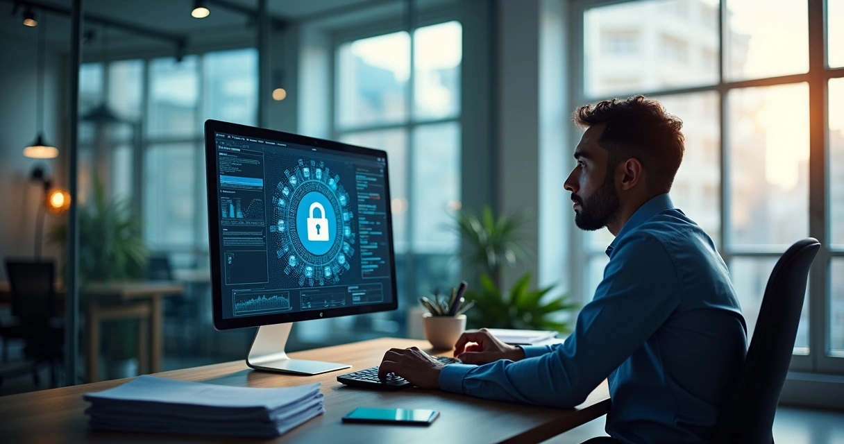 Analista conferindo segurança digital em ambiente de contabilidade 