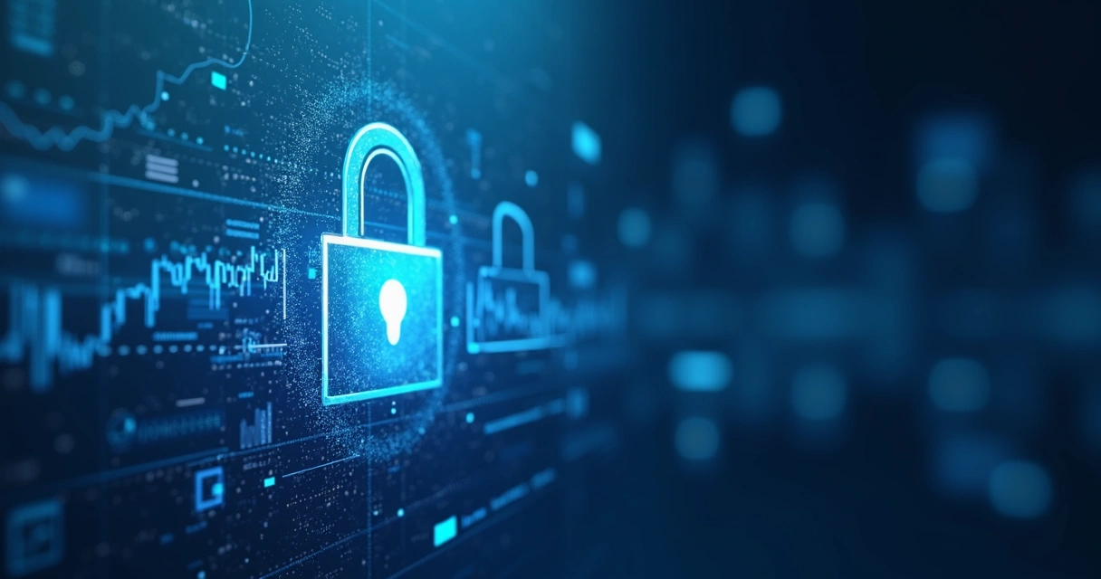 Ícone de cadeado sobre fundo digital azul com gráficos 