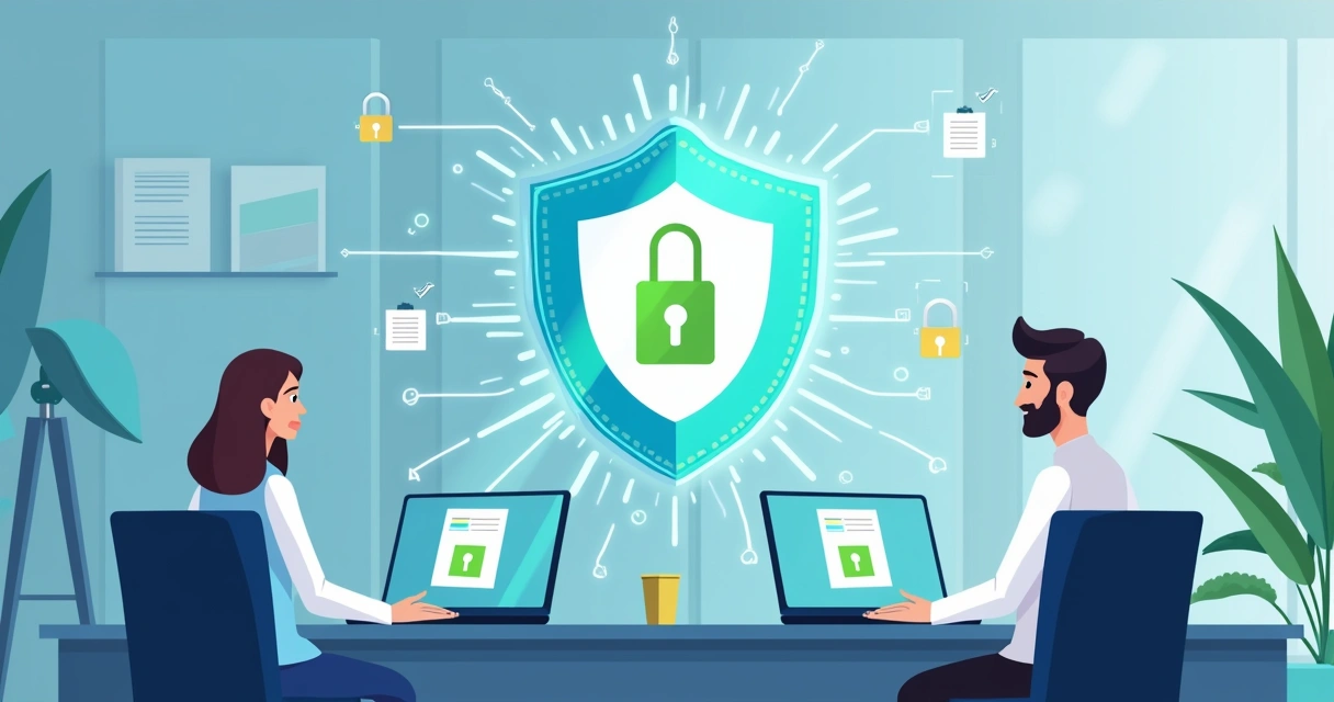 Proteção de dados contábeis com arquivos sendo protegidos por escudo digital em um escritório 