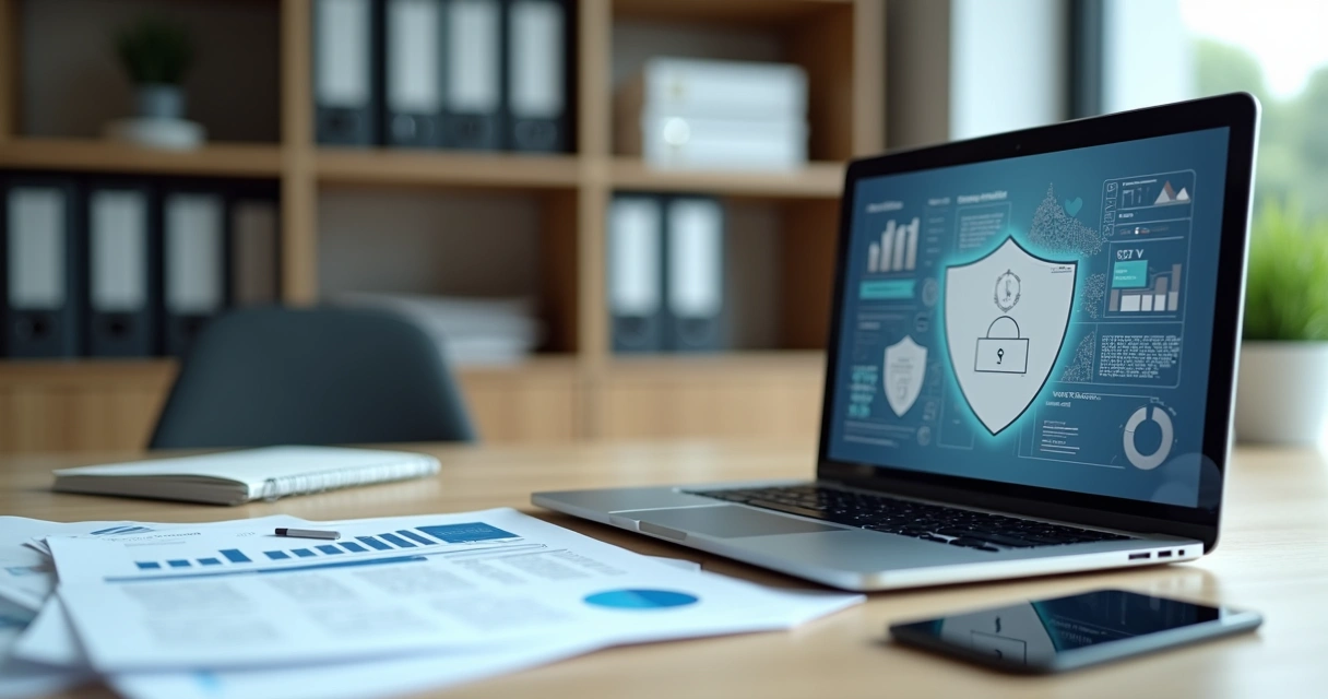 Mesa de escritório com documentos financeiros, laptop, smartphone e gráficos de dados sobre segurança da informação 