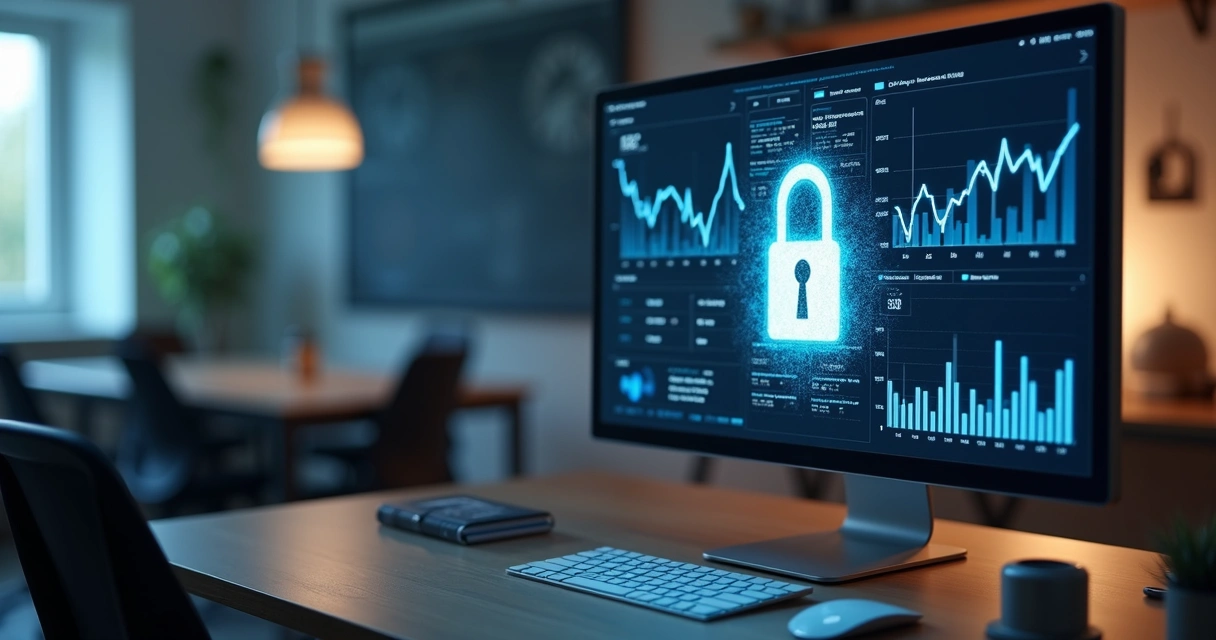 Tela de computador com gráficos financeiros protegidos por cadeado digital 