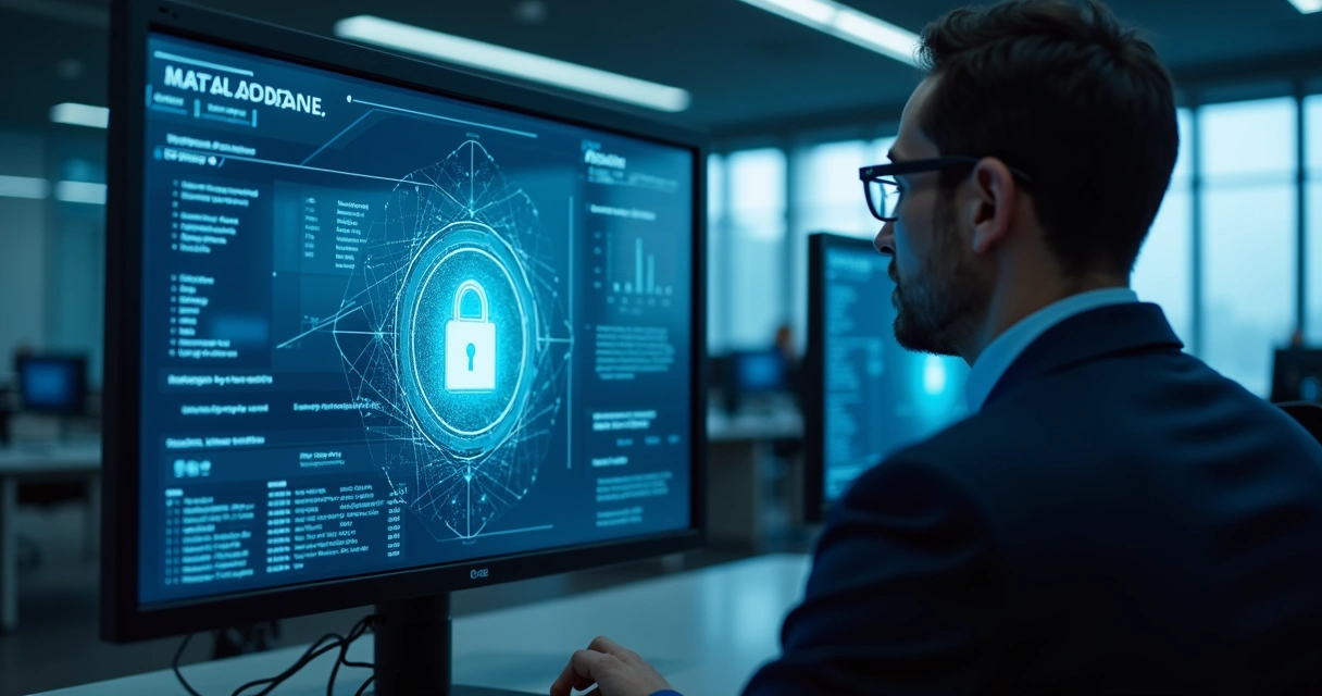 Técnico analisando dados de ponto eletrônico em tela com cadeado digital 