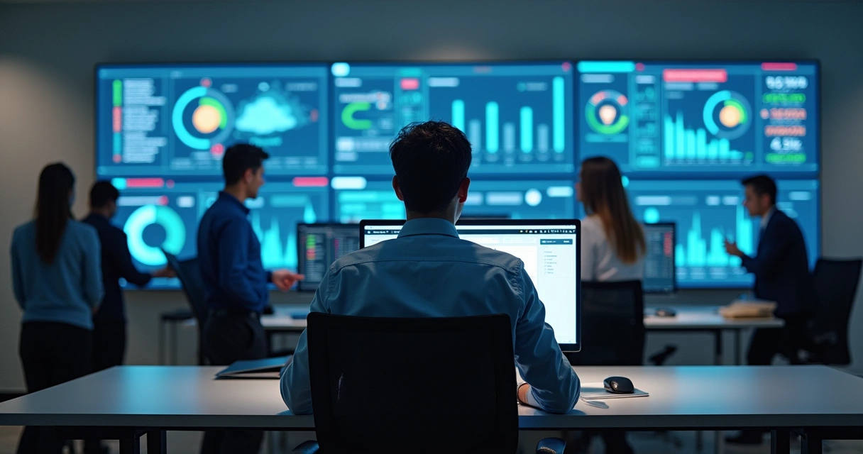 Profissional de TI analisa dashboards de segurança em escritório 