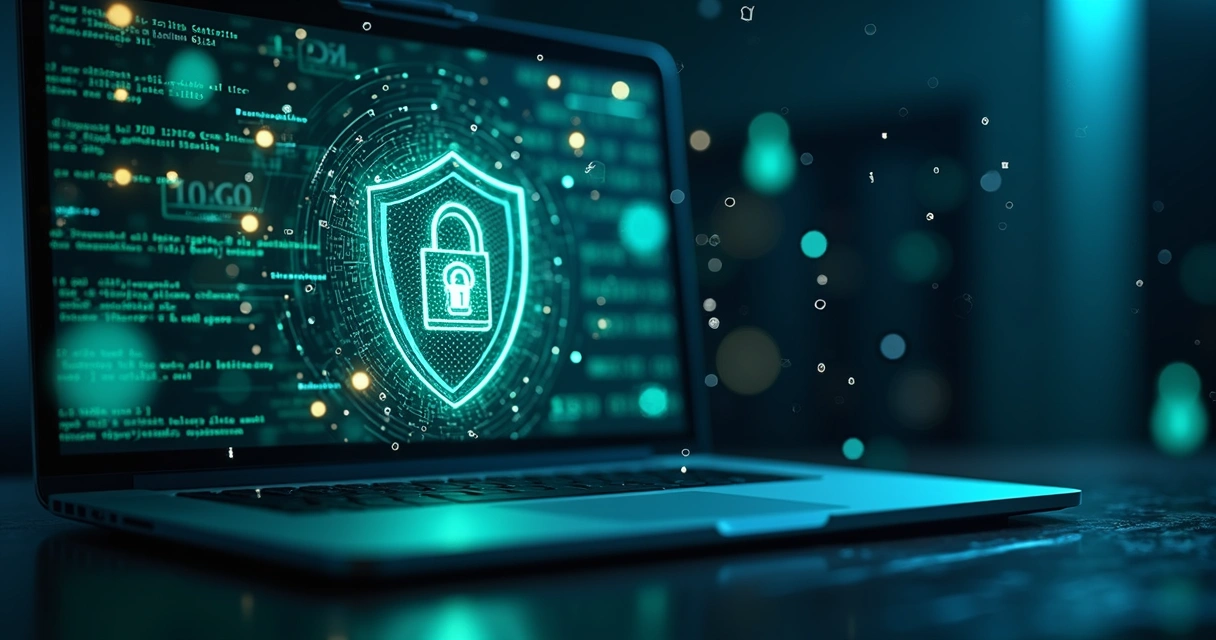 Illustration of digital data security with shield, lock icons, and encrypted code on screen 