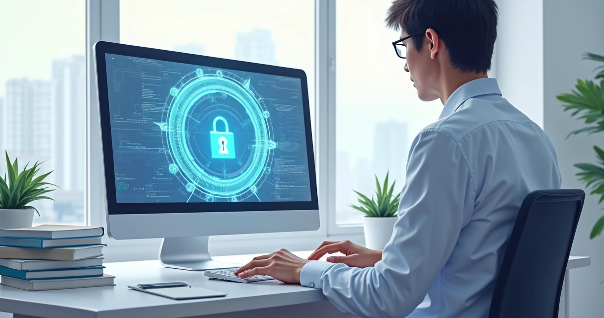 Perito digitalizando documentos com tela mostrando cadeado digital 