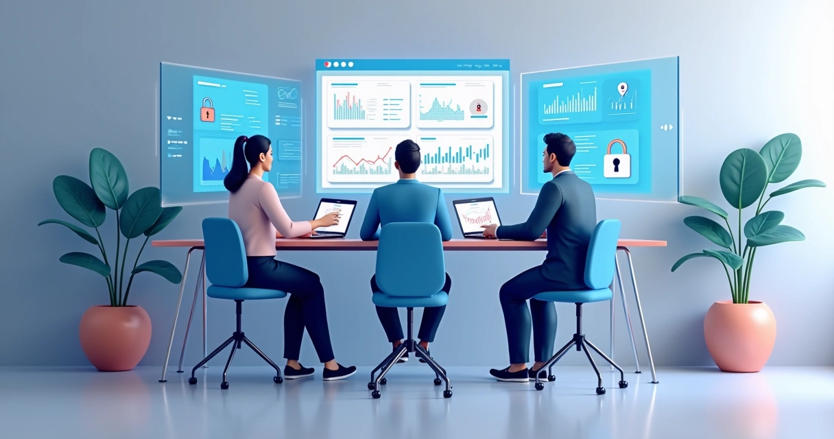 Equipe de PME analisando dados digitais em telas