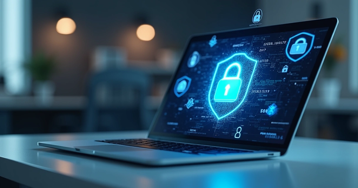 Computador com escudo de segurança digital e cadeado em tela azul simbolizando proteção de dados em EAD 
