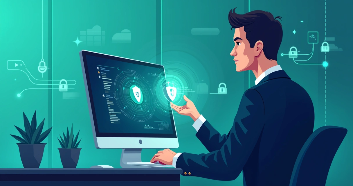 Profissional de TI configura proteção digital em computador durante campanha eleitoral 