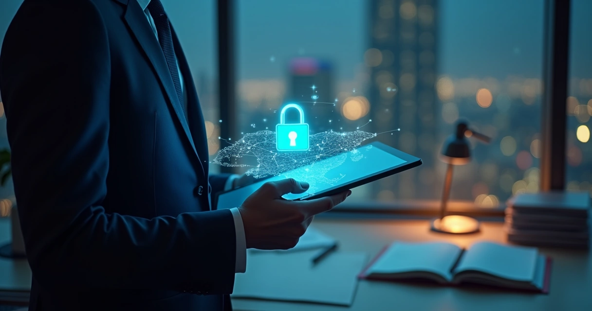 Político segura tablet exibindo cadeado digital sobre mapa do Brasil 