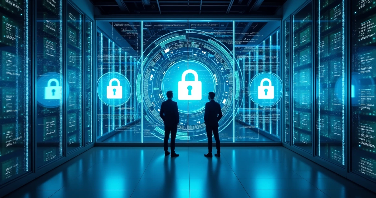 Servidor seguro com dados protegidos por hologramas de cadeado e profissionais analisando códigos 