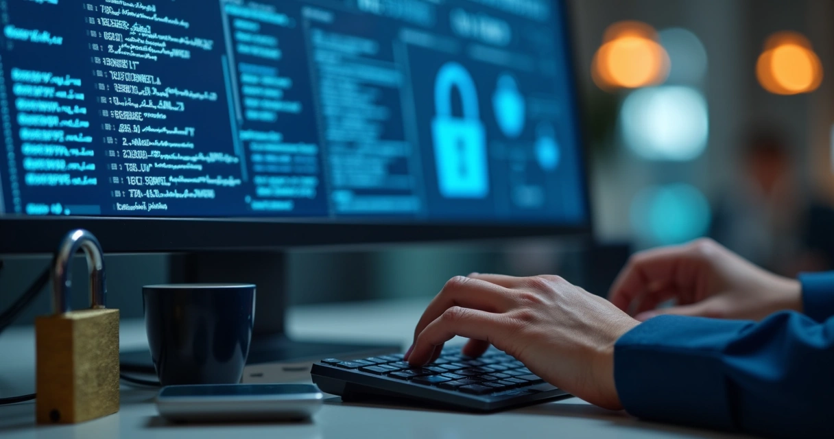 Profissional de TI configurando proteção de dados em tela azul 