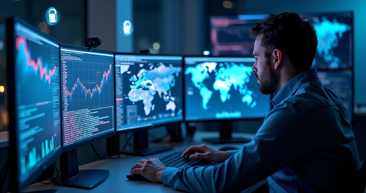 Profissional de TI monitorando segurança de dados em telas 