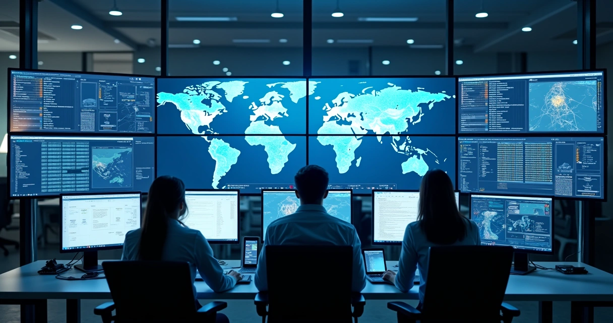 Equipe de TI monitorando telas com alertas de segurança digital em uma empresa 