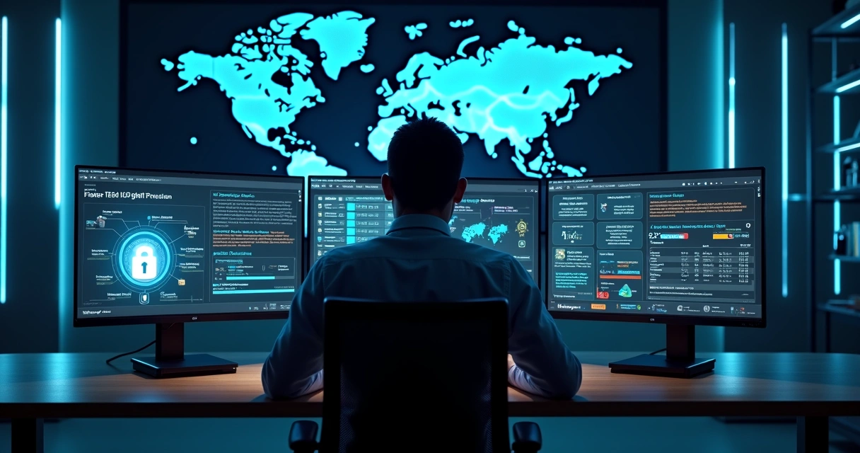 Painel de segurança cibernética com analista monitorando firewall corporativo 