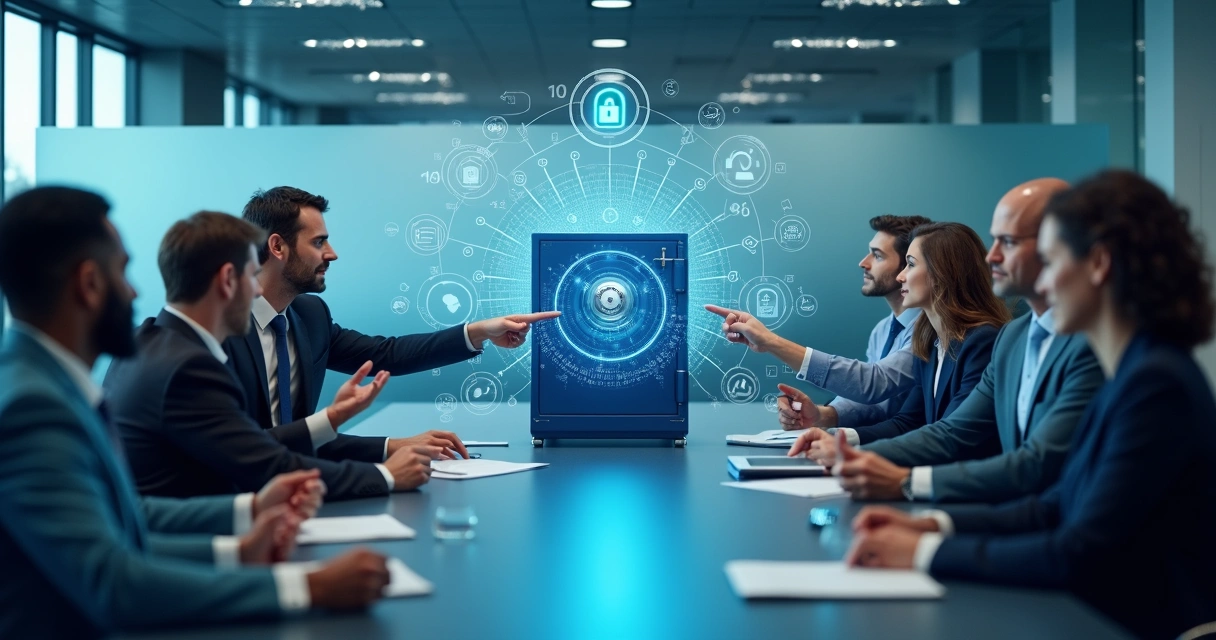 Cofre digital com símbolos de dados empresariais cercado por equipe de profissionais 