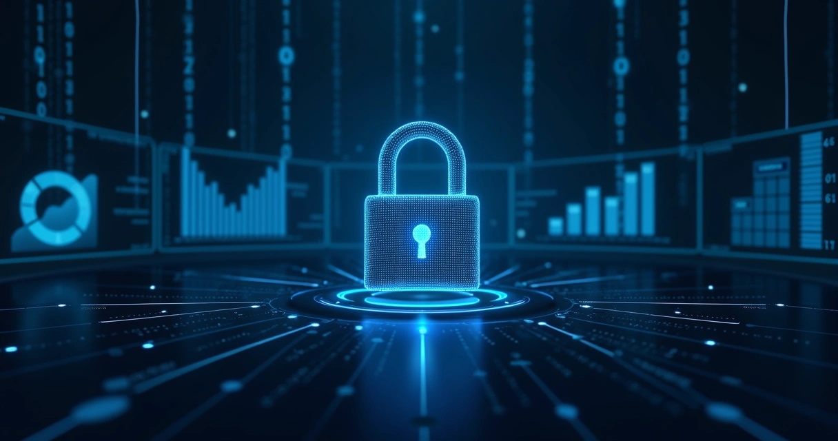 Painel digital mostrando cadeado em dados empresariais