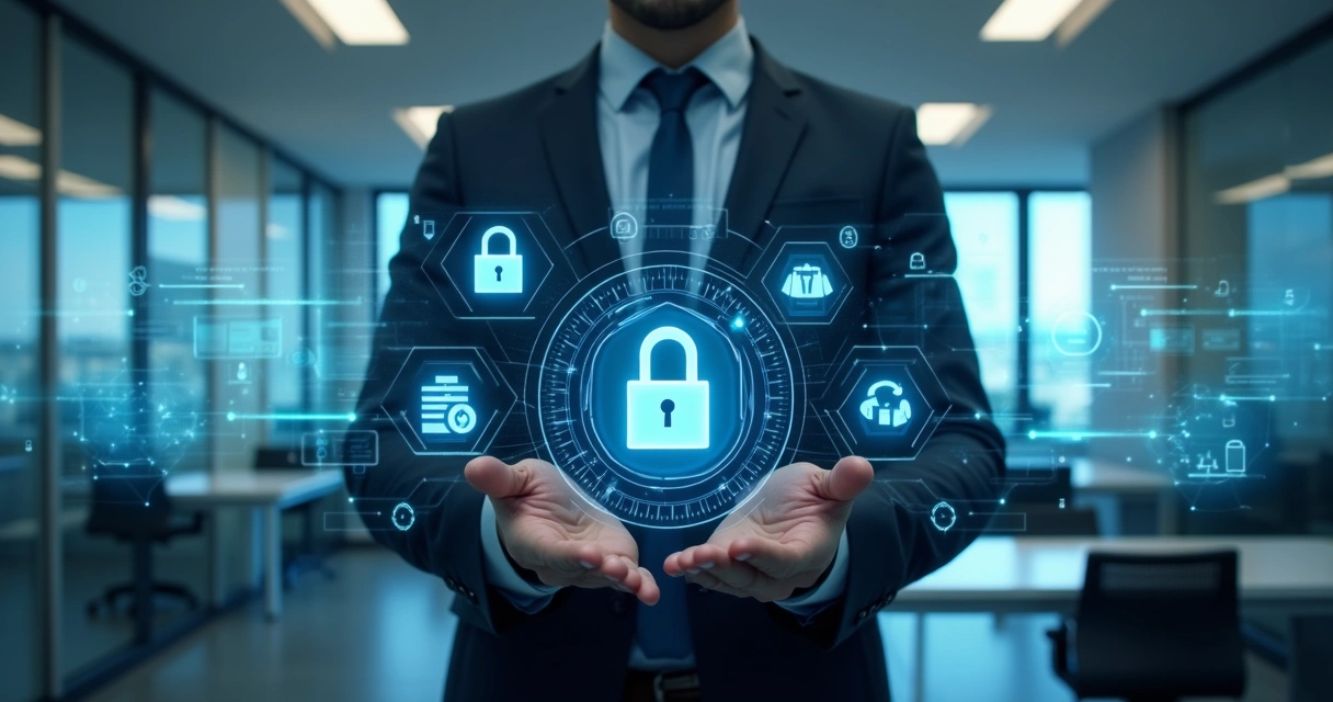 Advogado protegendo documentos digitais com ícones de segurança de dados 