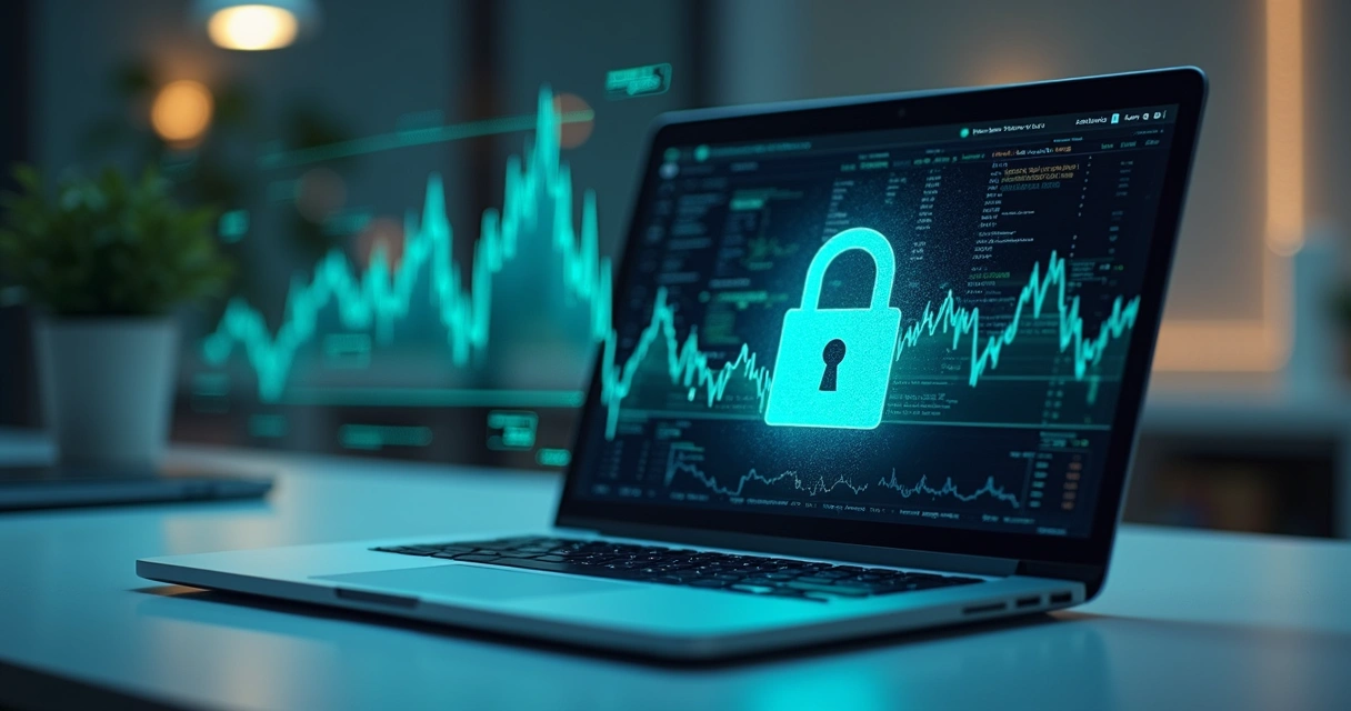 Computador com cadeado digital na tela e gráficos financeiros ao fundo 