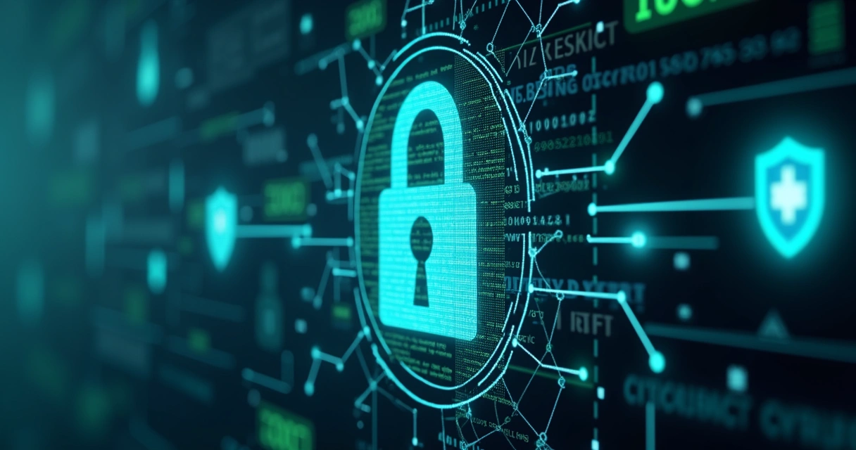 Segurança de dados representada por cadeado digital sobre código em tela 