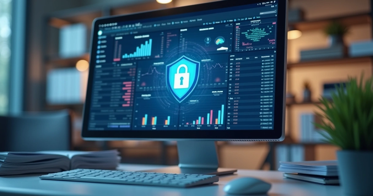 Tela de computador com gráficos financeiros e ícone de segurança digital 